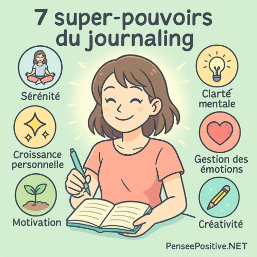 7-bienfaits-journaling une jeune femme avec un carnet de journaling entourée de bulles représentant les bienfaits comme Sérénité, Créativité et Confiance en soi