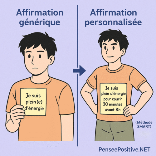 10 affirmations positives du matin pour bien commencer votre journée 6 Illustration comparative en style BD montrant une affirmation positive générique et sa version personnalisée selon la méthode SMART, avec un personnage en deux postures