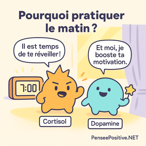10 affirmations positives du matin pour bien commencer votre journée 3 Illustration BD des hormones Cortisol et Dopamine avec un réveil à 7h pour expliquer pourquoi pratiquer les affirmations positives le matin
