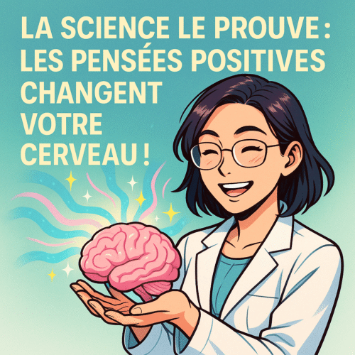 une scientifique souriante tenant un cerveau stylisé émettant des ondes lumineuses pastel, représentant les effets positifs des affirmations sur le cerveau – bienfaits scientifiques des pensées positives.