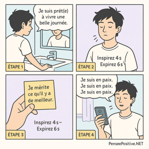 10 affirmations positives du matin pour bien commencer votre journée 4 Illustration en 4 étapes montrant comment ancrer une affirmation positive le matin avec respiration, miroir, écriture et répétition