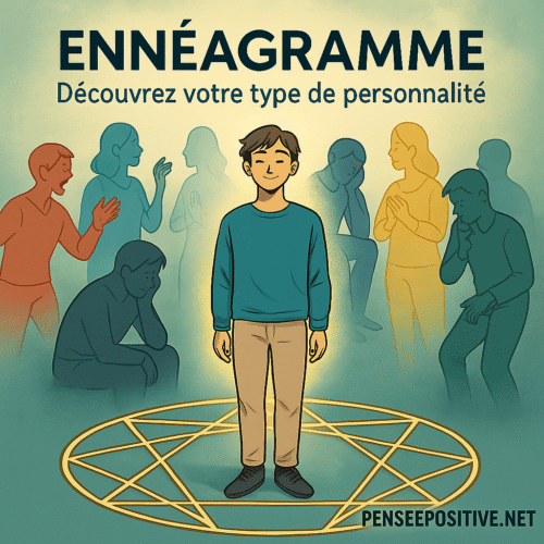 Ennéagramme : l’outil le plus puissant pour mieux se comprendre 2 un personnage debout au centre du symbole de l’ennéagramme, entouré des neuf types de personnalité représentés par des silhouettes colorées – découverte de soi et développement personnel sur PenseePositive.NET