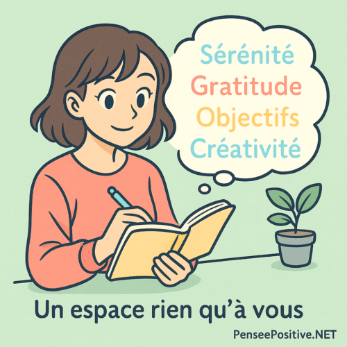 qu-est-ce-que-le-journaling-min une jeune femme écrivant dans son carnet, entourée de mots positifs comme Sérénité et Gratitude, ambiance cosy et lumineuse