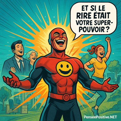 un super-héros de la rigologie riant à pleine voix, entouré de personnes heureuses dans un décor mi-entreprise mi-nature, avec la bulle 'Et si le rire était votre super-pouvoir ?'