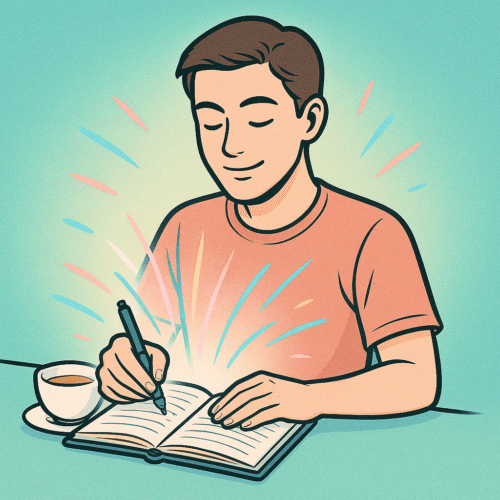 Les Bienfaits scientifiques des Affirmations Positives : Ce Que la Science Vous Révèle 🌟 6 Personne écrivant dans un carnet avec ondes lumineuses pour une routine d’affirmations positives