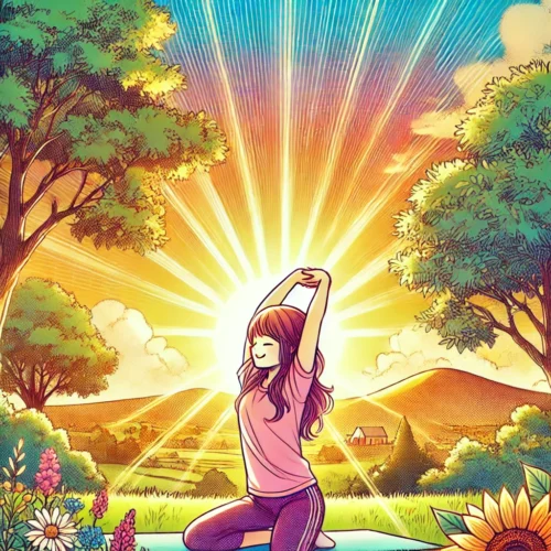 une personne méditant au lever du soleil, symbolisant une routine matinale apaisante et positive.
