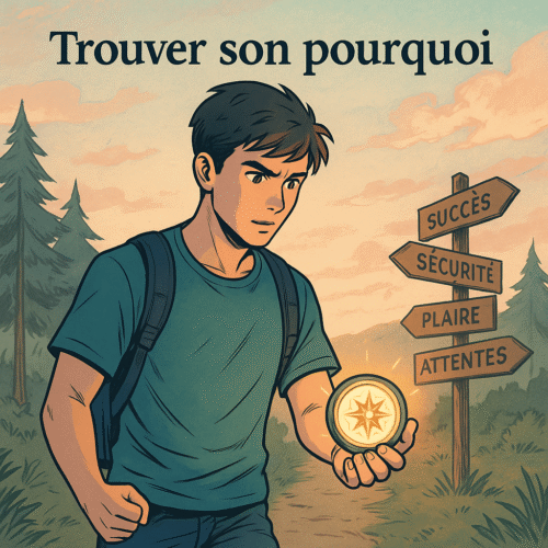 "Trouver son pourquoi" : ce que personne ne vous dit (et comment le faire vraiment) 2 un jeune homme en forêt tenant une boussole lumineuse, avec des panneaux confus derrière lui – métaphore de trouver son pourquoi