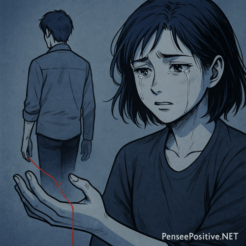 Peur de l’abandon : comprendre l’angoisse pour mieux s’en libérer 4 Illustration exprimant la peur de l'abandon, représentant une femme en larmes au premier plan, tenant un fil rouge rompu qui la relie à un homme s’éloignant en arrière-plan.
