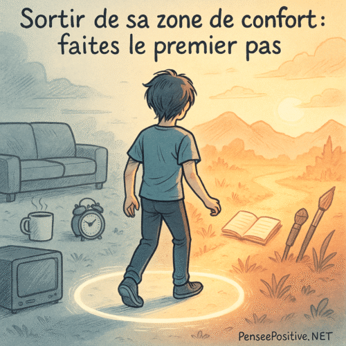 Sortir de sa zone de confort : 12 stratégies simples (et puissantes) pour enfin oser changer 5 Une personne sur le point de sortir de sa zone de confort, entre un univers gris et routinier (canapé, réveil, télé) et un paysage coloré symbolisant la croissance personnelle, avec un carnet, un pinceau et des montagnes à l’horizon.
