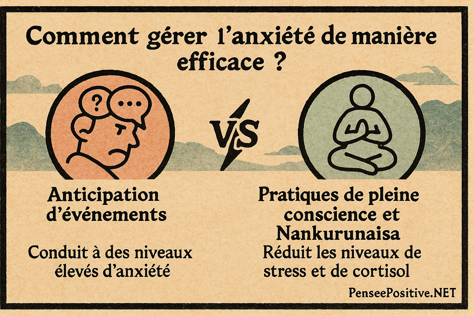 Nankurunaisa : Avec sa signification, Vous allez vouloir en faire un mantra ! 5 infographie sur comment gérer l'anxiété de maniére efficace. Comparaison entre le fait d'anticiper les évènements et les pratiques de la pleine conscience et Nankurunaisa