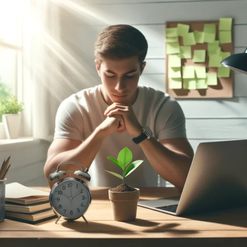 Jeune adulte concentré travaillant sur un projet à un bureau ordonné, symbolisant la croissance et la productivité avec une plante verte et une lumière naturelle. Image illustrant l'utilisation d'affirmations positives pour combattre la procrastination.