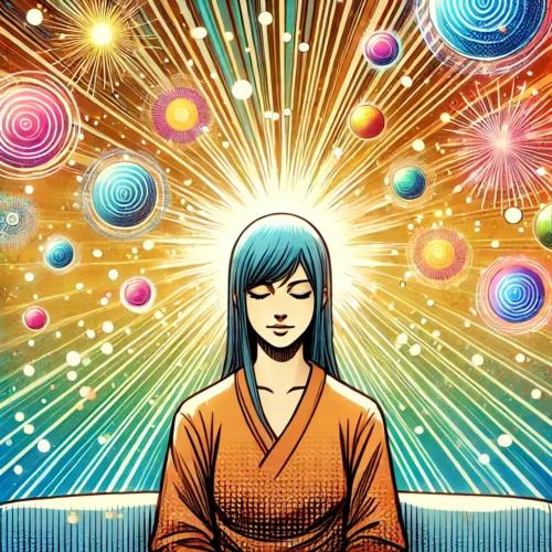 Personne sereine méditant dans un environnement paisible, illustrant l'importance des belles pensées positives