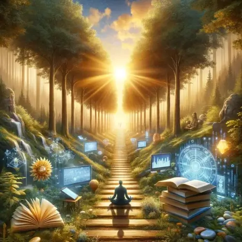 Liberté et Richesse : L'Essence de l'Almanach de Naval Ravikant 2 Chemin vers la liberté personnelle et la richesse inspiré par l'Almanach de Naval Ravikant, illustrant une harmonie entre nature, connaissances et technologie moderne