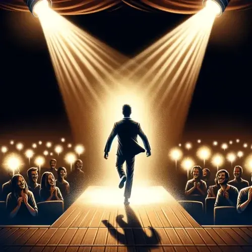 Les meilleures techniques pour surmonter l'effet projecteur 2 Illustration symbolisant la confiance et la libération de l'effet projecteur, avec une personne marchant vers une scène lumineuse face à un public bienveillant, évoquant la croissance personnelle et le dépassement de l'anxiété sociale.