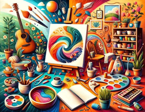 10 Activités Créatives pour Booster Cerveau et Bien-être ! 1 Une scène vibrante et inspirante représentant une harmonie de diverses activités créatives, dont la peinture, l'écriture, la musique, le jardinage, la poterie, et la décoration d'intérieur. Des éléments comme un chevalet avec un pinceau, un carnet et un stylo, une guitare appuyée contre une chaise, des plantes en pot avec des outils de jardinage, une roue de potier avec de l'argile, et un coin de pièce joliment décoré avec des éléments DIY, sont interconnectés de manière à illustrer le flux de créativité. L'image utilise une palette de couleurs diversifiée pour symboliser la richesse de la créativité, créant une ambiance positive qui souligne la joie et l'épanouissement issus des activités créatives.