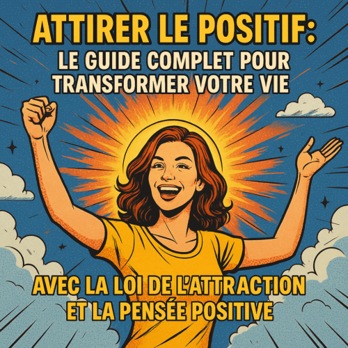 Attirer le positif : le guide complet pour transformer votre vie avec la loi de l'attraction et la pensée positive 2 Femme souriante rayonnante de positivité, bras levés, illustrée en style comic, symbolisant la loi de l'attraction et la pensée positive — image à la une de l'article "Attirer le positif : le guide complet"