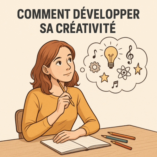 Jeune femme pensive assise à une table, tenant un crayon et un carnet, entourée de symboles représentant des idées créatives comme une ampoule, une note de musique et une étoile – illustration carrée pour l'article "Comment développer sa créativité"
