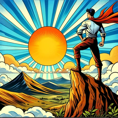 Image inspirante style comic d'une personne sur le sommet d'une colline face au lever du soleil, symbolisant le parcours de développement personnel pour être plus mature.