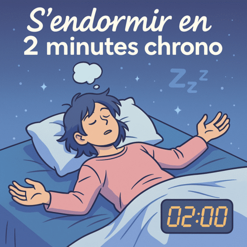 une personne qui s'endort paisiblement en 2 minutes, allongée dans un lit avec un réveil affichant 02:00, sur fond de nuit étoilée