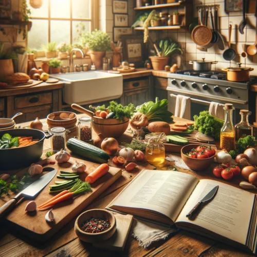 10 Activités Créatives pour Booster Cerveau et Bien-être ! 6 Cuisine animée par la créativité culinaire avec ingrédients frais, planche de découpe et livre de recettes