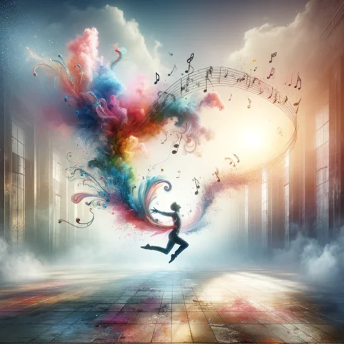 10 Activités Créatives pour Booster Cerveau et Bien-être ! 11 Expression et énergie de la danse dans un espace ouvert, avec mouvement de danse, notes de musique et touches de couleurs