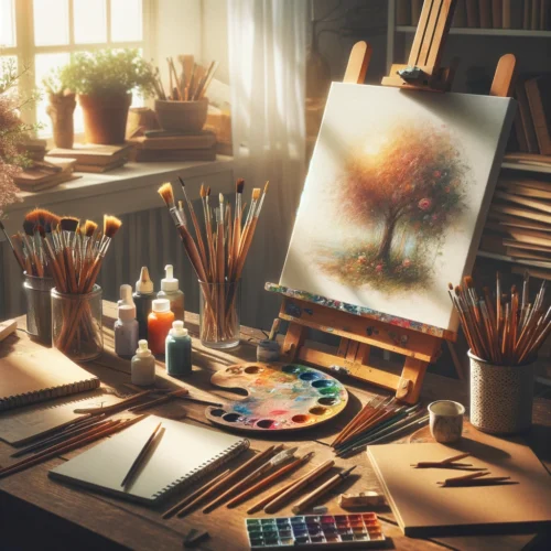 10 Activités Créatives pour Booster Cerveau et Bien-être ! 2 Espace de création artistique pour la peinture et le dessin, avec toile, pinceaux, et palette sous une lumière douce