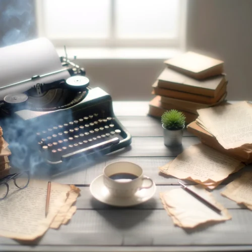 10 Activités Créatives pour Booster Cerveau et Bien-être ! 3 Espace d'écriture cosy avec machine à écrire vintage, notes manuscrites, et tasse de café fumante