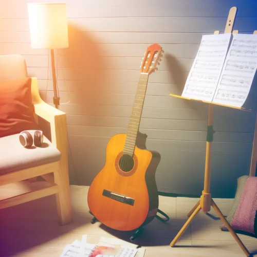 10 Activités Créatives pour Booster Cerveau et Bien-être ! 4 Coin confortable pour jouer de la guitare, avec partitions musicales, casque, et ambiance inspirante