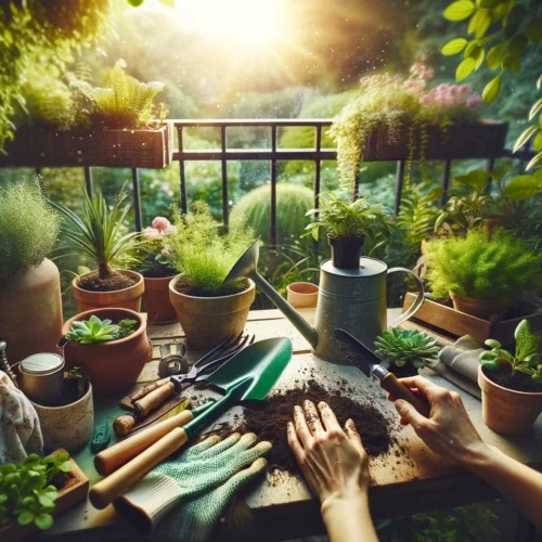 10 Activités Créatives pour Booster Cerveau et Bien-être ! 8 Activité de jardinage avec outils, gants et arrosoir, entourés de plantes en pot dans un cadre verdoyant