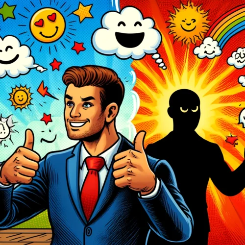 Pensée positive et confiance en soi : le duo gagnant 1 Illustration de style comic satirique montrant le lien entre la pensée positive et la confiance en soi. Une personne joyeuse avec une posture confiante est entourée de symboles de positivité exagérés comme des pouces levés, des soleils souriants et des arcs-en-ciel. En arrière-plan, une figure ombragée semble morose et pleine de doutes, représentant les pensées négatives. La scène est colorée, vibrante et humoristique, mettant en évidence le contraste entre les mentalités positives et négatives.