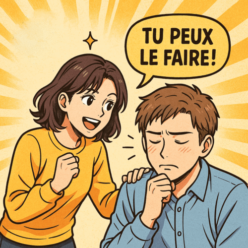 Deux personnages se font face dans une scène douce : l’un envoie une vague lumineuse contenant une pensée positive pour encourager l’autre, qui se redresse avec émotion.