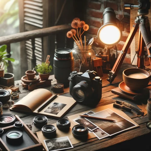 10 Activités Créatives pour Booster Cerveau et Bien-être ! 7 Representation de l'art de capturer des moments en photographie avec appareil sur trépied, objectifs, et photos dispersées sur une table