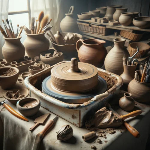 10 Activités Créatives pour Booster Cerveau et Bien-être ! 9 Atelier de poterie avec tour, argile, outils de poterie, et œuvres finies évoquant l'artisanat