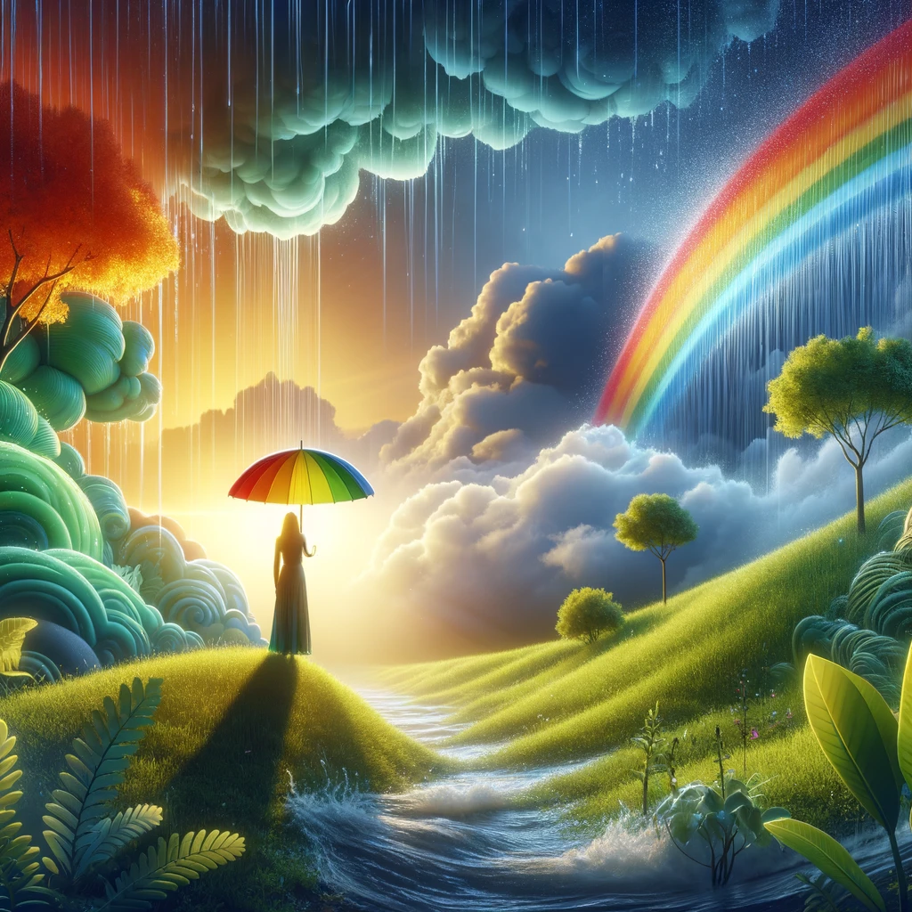 Résilience Émotionnelle : Comment Rester Fort(e) Même Quand Tout Va Mal 2 une personne avec un parapluie arc-en-ciel sous la pluie, du beau temps à l'horizon symbolisant la résilience émotionnelle