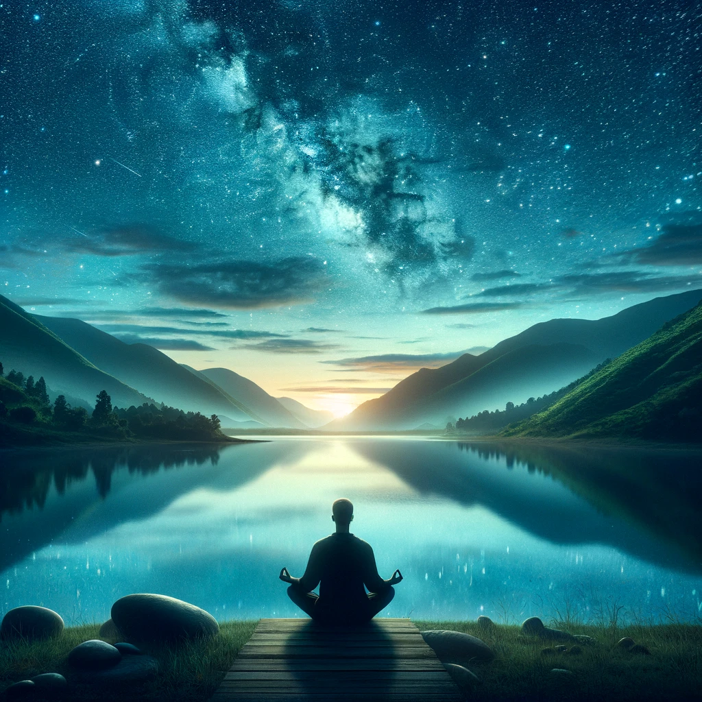 Test de positivité 2 Personne méditant, après avoir fait son test de positivé, dans un paysage tranquille pour la positivité et l'introspection, symbolisant la paix intérieure et le développement personnel sous un ciel étoilé