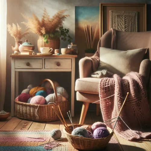 10 Activités Créatives pour Booster Cerveau et Bien-être ! 5 Détente et tricot avec panier de laines colorées, aiguilles et projet en cours sur une table à côté d'une tasse de thé