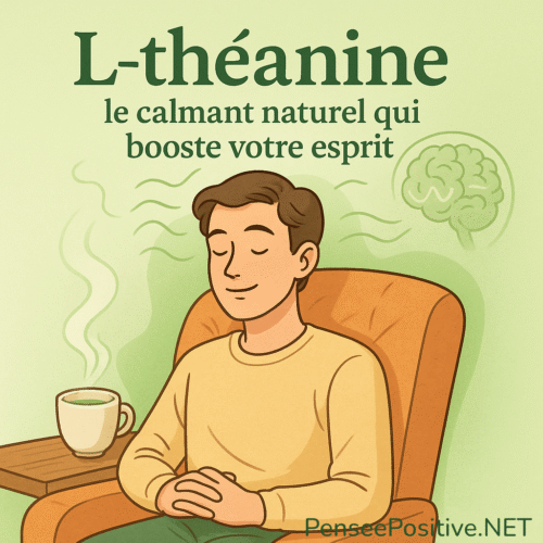 un homme serein assis dans un fauteuil, avec une tasse de thé vert et un cerveau en arrière-plan, symbolisant les effets apaisants et cognitifs de la L-théanine – PenseePositive.NET