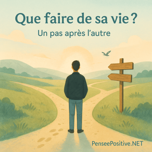 un personnage debout face à plusieurs chemins dans un paysage naturel au lever du jour, symbolisant la réflexion sur le sens de la vie et les choix à faire, avec le texte "Que faire de sa vie ? Un pas après l’autre"