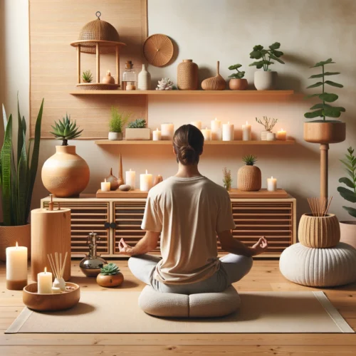 Espace de méditation idéal avec tapis de haute qualité, coussin confortable, diffuseur d'huiles essentielles, bougies, plantes d'intérieur, éléments en bois et éclairage naturel doux, avec une personne méditant en position assise et croisée