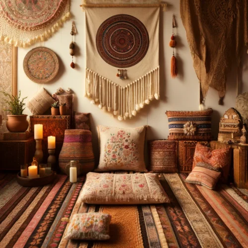 Les Meilleurs Accessoires pour Créer un Espace de Méditation à la Maison 4 Espace de méditation bohème avec tapis superposés, coussins brodés et tentures murales