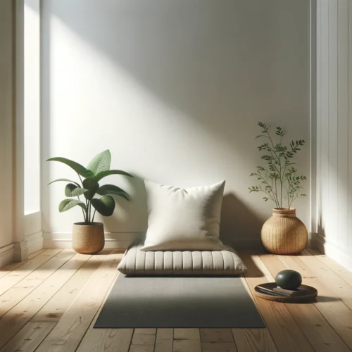 Les Meilleurs Accessoires pour Créer un Espace de Méditation à la Maison 3 Espace de méditation minimaliste avec tapis de méditation, coussin confortable et petite plante