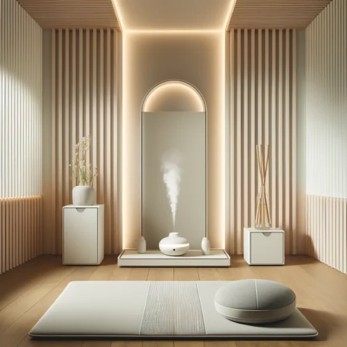 Les Meilleurs Accessoires pour Créer un Espace de Méditation à la Maison 6 Espace de méditation moderne avec lignes nettes, diffuseur intelligent et éclairages LED réglables