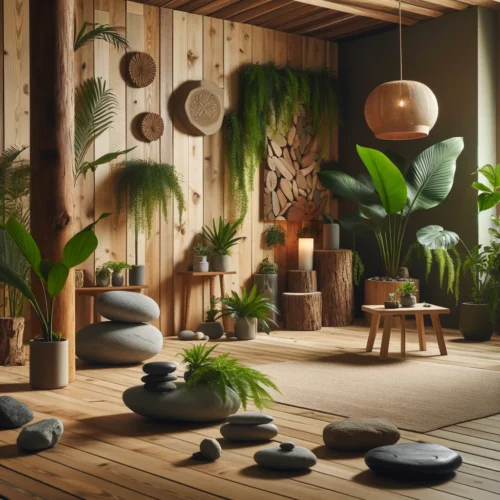 Les Meilleurs Accessoires pour Créer un Espace de Méditation à la Maison 5 Espace de méditation naturel avec éléments en bois, plantes d'intérieur et pierres