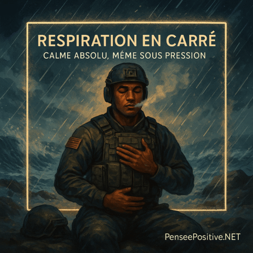 un Navy SEAL en pleine respiration en carré, calme au milieu d’une tempête, entouré d’un carré lumineux symbolisant la maîtrise du stress – Respiration box breathing, pensée positive, sérénité intérieure.