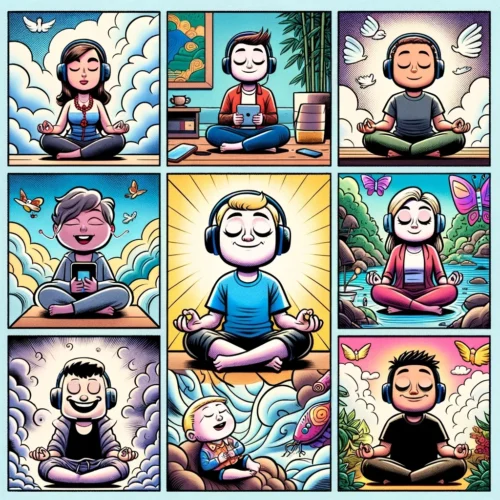 Illustration de style comic montrant des personnes utilisant des applications de méditation avec les yeux fermés. Un personnage écoute de la musique avec un casque, un autre tient un smartphone avec une expression exagérément sereine, un enfant est assis en position de méditation, et une autre personne utilise une tablette avec un sourire apaisé. L'arrière-plan comprend des éléments sereins tels que des nuages flottants, des scènes de nature cartoon et un jardin zen.