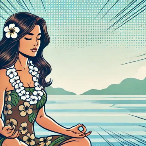 Le Pouvoir du Mantra Ho'oponopono : La Magie Hawaïenne 🌺 en 4 Phrases 2 Illustration de style comic montrant une femme hawaïenne pratiquant le mantra Ho'oponopono, assise en position méditative avec une expression sereine. Elle porte un collier de fleurs traditionnel et une tenue hawaïenne, sur un fond paisible avec des couleurs apaisantes bleu clair et vert.