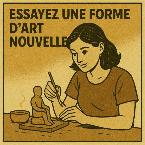 Que Faire le Dimanche : 10 Idées Pour Un Dimanche Positif et Épanouissant 6 Femme concentrée en train de sculpter une figurine en argile, dans une illustration style vintage comic en tons chauds. Le visuel affiche le texte "Essayez une forme d’art nouvelle" en français, évoquant l’exploration artistique, la créativité dominicale et la découverte de nouveaux loisirs créatifs.
