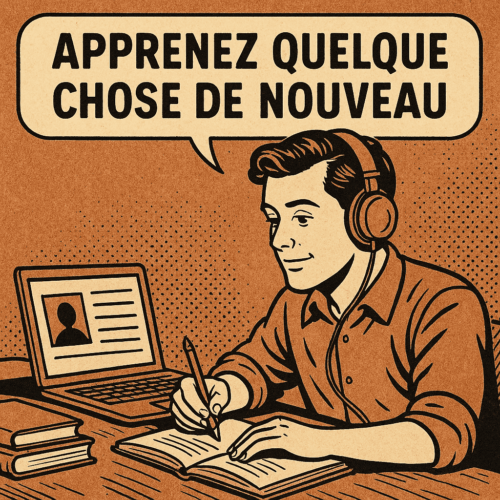Que Faire le Dimanche : 10 Idées Pour Un Dimanche Positif et Épanouissant 11 Jeune homme concentré en train d’apprendre quelque chose de nouveau sur son ordinateur portable, assis à un bureau en bois, dans une illustration style vintage comic. L’image met en avant la curiosité intellectuelle, l’apprentissage en ligne le dimanche, et le développement personnel à travers de nouvelles compétences ou passions.
