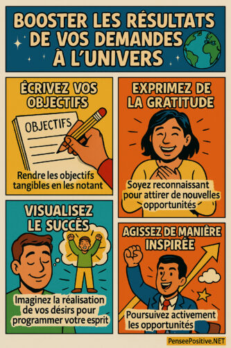 Demande à l’univers : Comment faire une demande efficace (+ Exemples précis) 6 Infographie style comic illustrant 4 étapes pour booster les résultats de ses demandes à l’Univers : écrire ses objectifs, exprimer de la gratitude, visualiser le succès, agir de manière inspirée