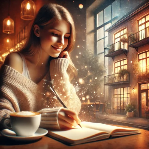 Demande à l’univers : Comment faire une demande efficace (+ Exemples précis) 3 eune femme écrivant dans un carnet dans un café cosy, visualisant son futur logement. En arrière-plan, une image translucide et lumineuse d’un appartement moderne apparaît, symbolisant sa demande à l’univers pour un logement. Ambiance chaleureuse, tons doux et inspirants avec une touche magique.